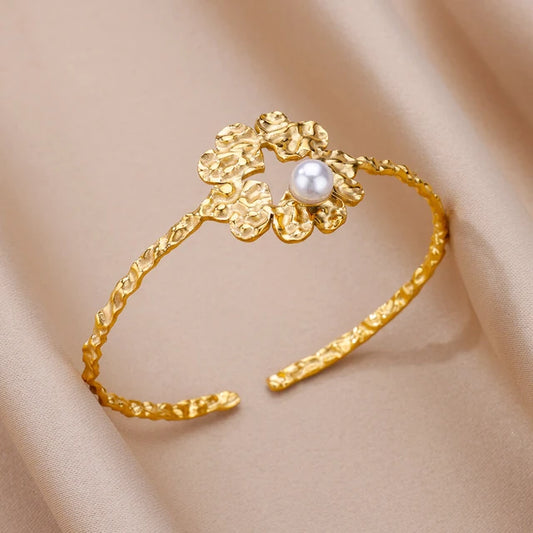 Gold Plated Textured Flower Pearl Bangle