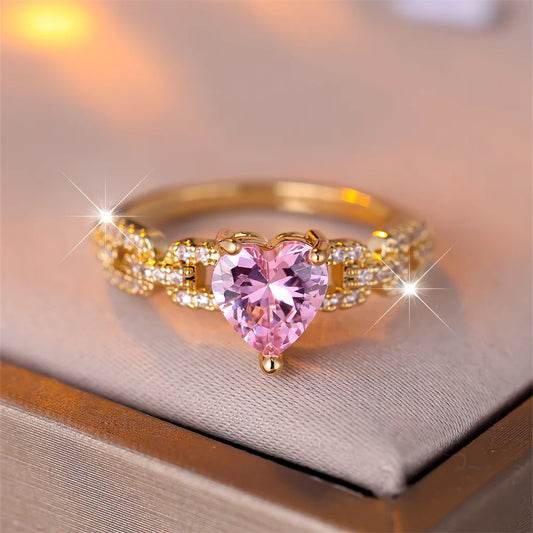 Elegant Pink Crystal Heart Stone Ring